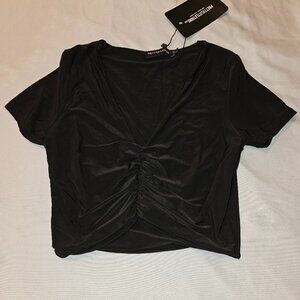 Women's Pretty Little Things Small V-Neck Ruched Crop Top Black
